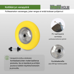 Kottikärryn pyörä 4.80/4.00-8, puhkeamaton PU-rengas, teräsvanne, akseli, 200 kg