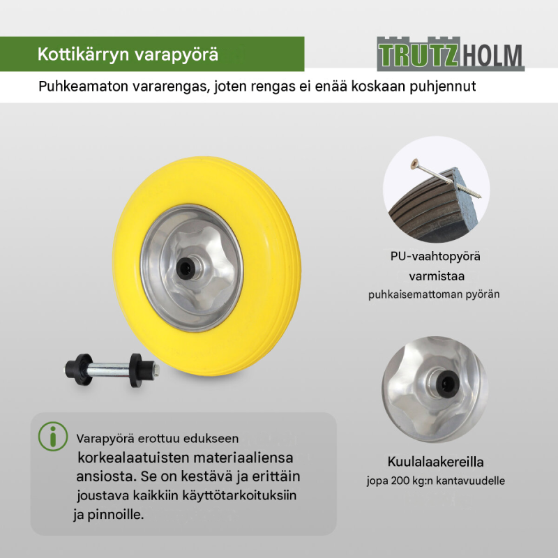 Kottikärryn pyörä 4.80/4.00-8, puhkeamaton PU-rengas, teräsvanne, akseli, 200 kg