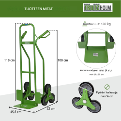 TRUTZHOLM-porraskärry 120 kg, 3 pyörää, puhkeamattomat täyskumipyörät, 118 cm ensisäinen