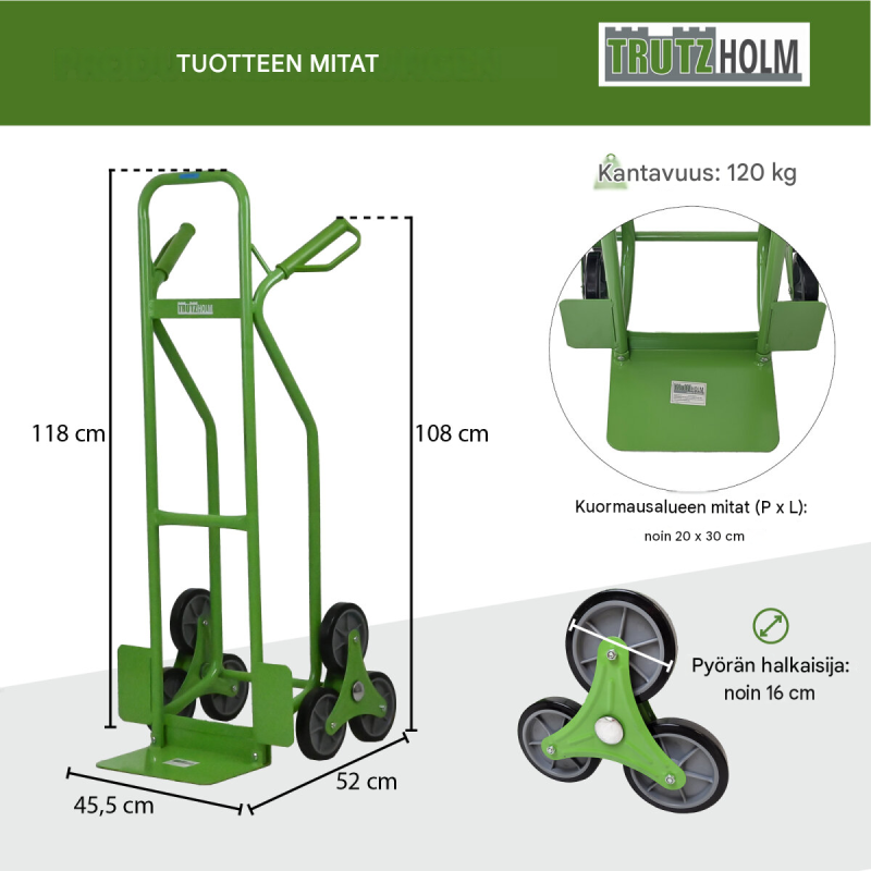 TRUTZHOLM-porraskärry 120 kg, 3 pyörää, puhkeamattomat täyskumipyörät, 118 cm ensisäinen