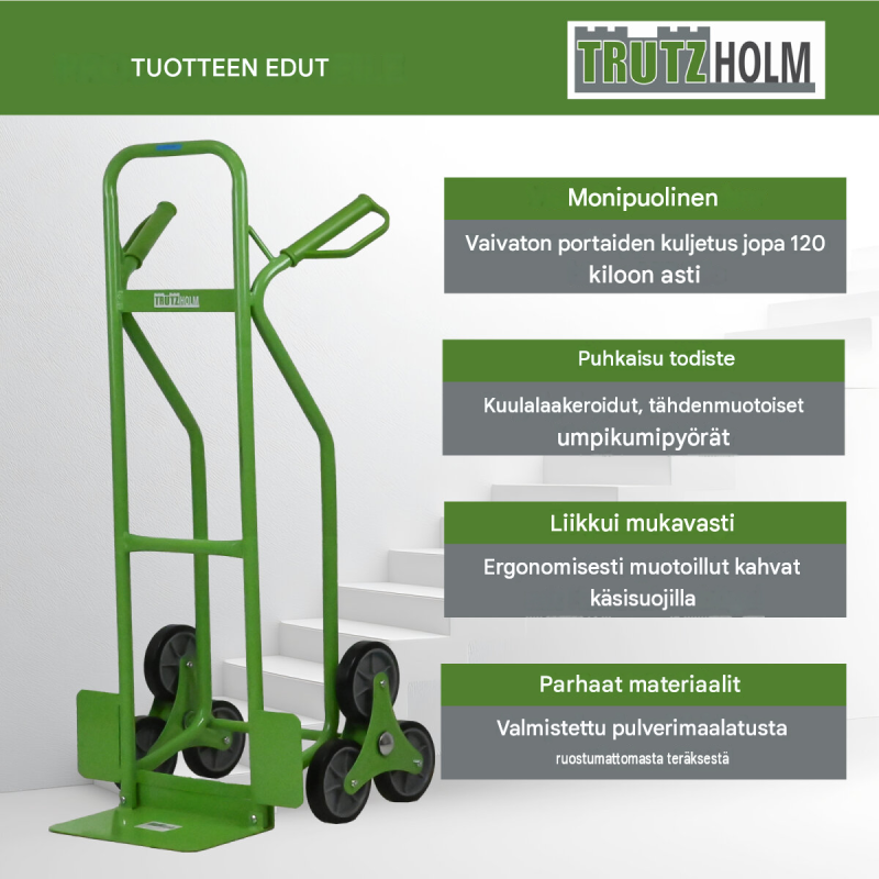 TRUTZHOLM-porraskärry 120 kg, 3 pyörää, puhkeamattomat täyskumipyörät, 118 cm ensisäinen