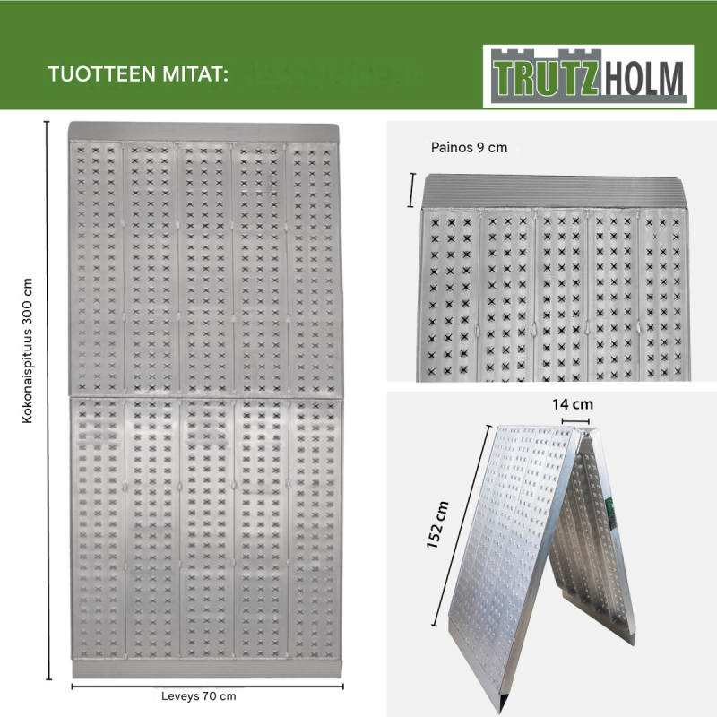 TRUTZHOLM alumiiniramppi 300 x 70 cm, kokoontaitettava, 400 kg, harmaa