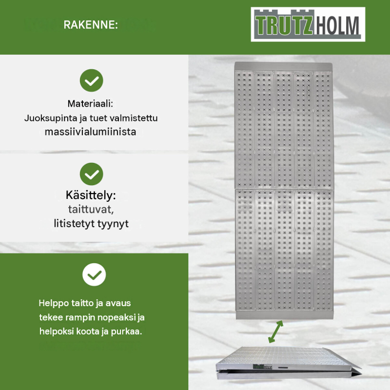 TRUTZHOLM alumiiniramppi 300 x 70 cm, kokoontaitettava, 400 kg, harmaa