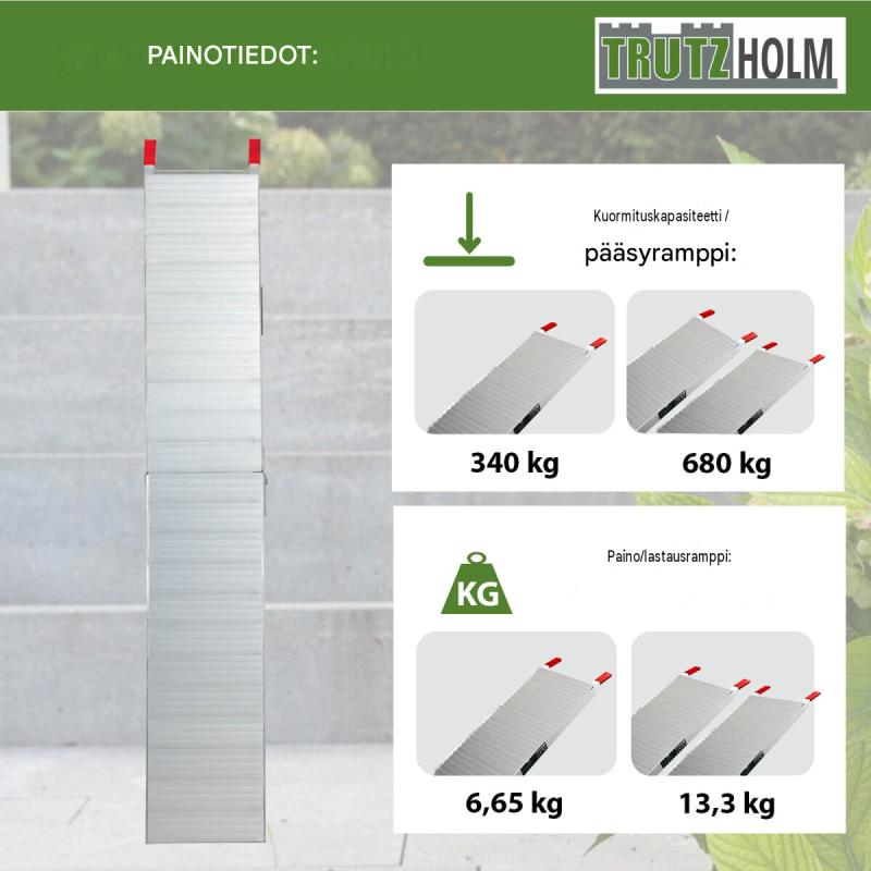 TRUTZHOLM alumiinirampi 205 cm, taitettava, 340 kg, harmaa, rihlattu ajopinta