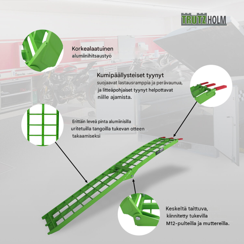 TRUTZHOLM® alumiininen taitettava lastausramppi 180 cm, vihreä, 340 kg