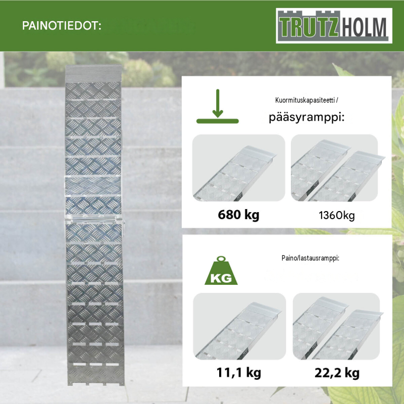 TRUTZHOLM taitettava alumiiniramppi, 226 cm, 680 kg, moottoripyörille ja mönkijöille