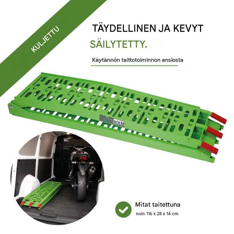 TRUTZHOLM ajoluiska moottoripyörille, 228 cm, taitettava alumiini, 340 kg, vihreä