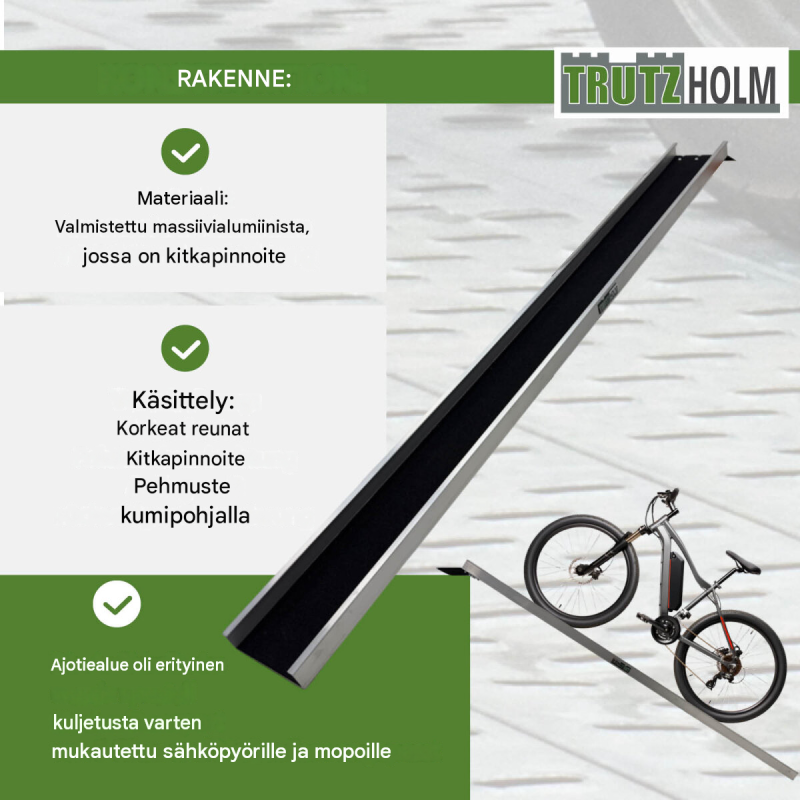 TRUTZHOLM ajoramppi E-Bike-pyörille ja pienille mopoille, 183 cm, 50 kg, alumiini, musta/harmaa