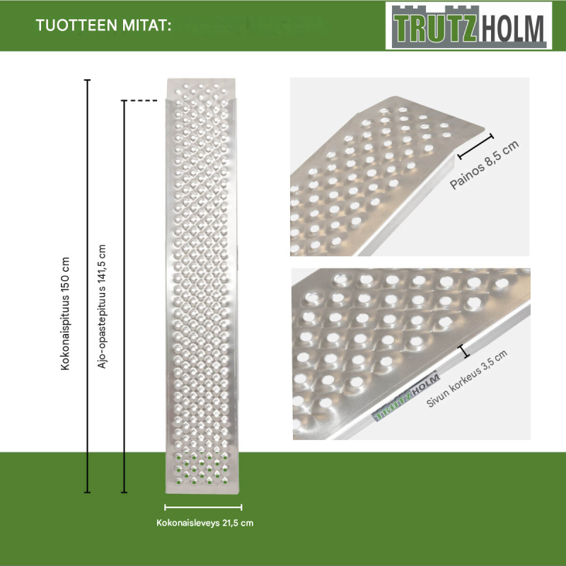 TRUTZHOLM 2 kpl alumiiniramppeja, 150 x 21,5 cm, 400 kg, liukuesteinen pinta