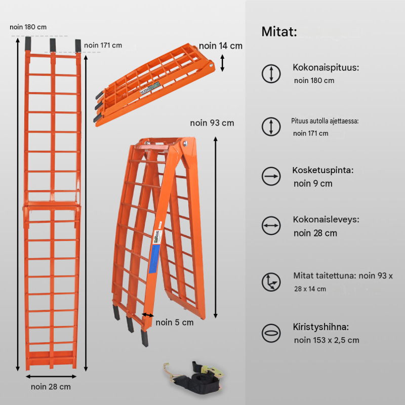 TRUTZHOLM 2 x taitettava alumiininen ajoluiska 180 cm, 340 kg, oranssi