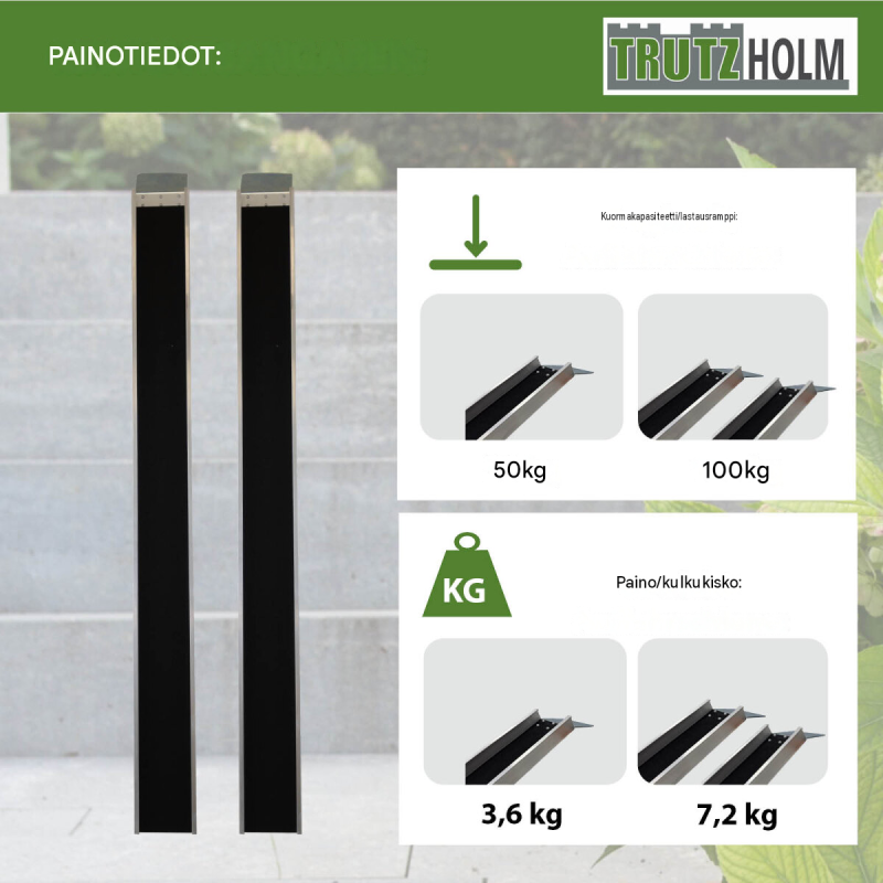 TRUTZHOLM ramppikiskot 2 kpl, alumiini, 194 cm, 50 kg kiskoa kohden, E-Bike ja mopo