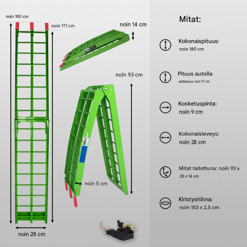 TRUTZHOLM 2 kpl taitettavia alumiiniramppeja, 180 cm, 340 kg ramppia kohden