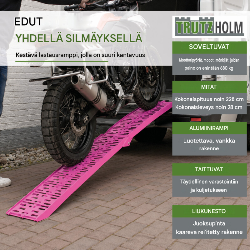 TRUTZHOLM 2 kpl taitettava kuormaussilta, alumiini, 228 cm, 680 kg, pinkki