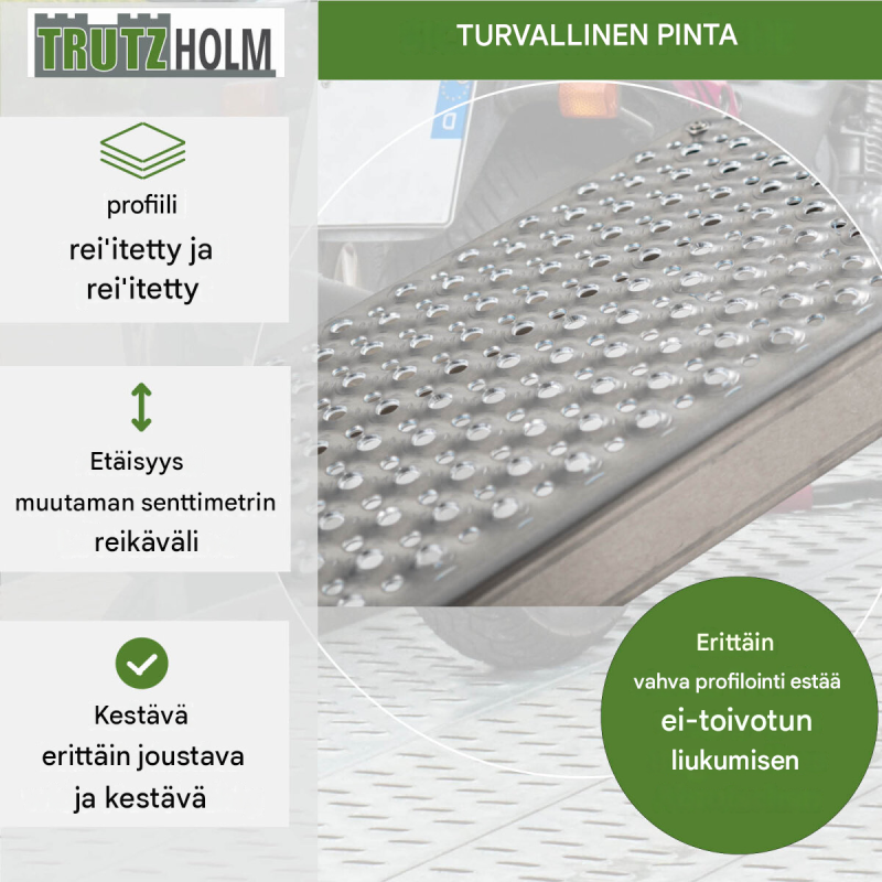 TRUTZHOLM alumiiniramp​​​​pi 250 cm, 500 kg, 26 cm, reikälevy, kulmalevy