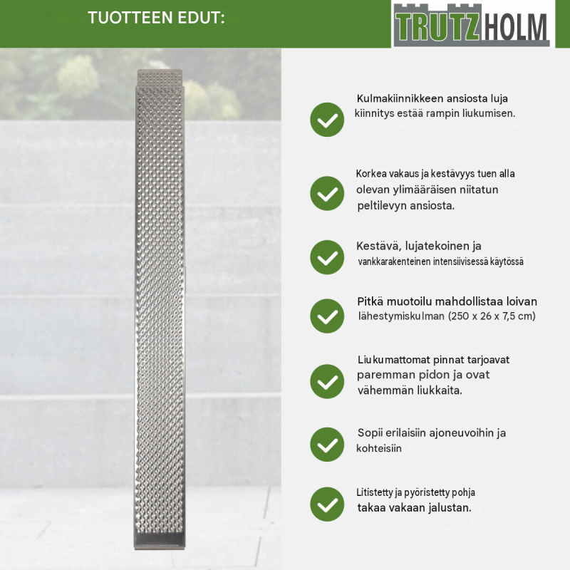 TRUTZHOLM alumiiniramp​​​​pi 250 cm, 500 kg, 26 cm, reikälevy, kulmalevy