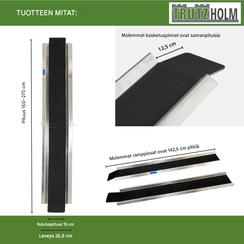 TRUTZHOLM ajoramppi 150-270 cm, säädettävä, 50 kg, polkupyörälle, sähköpyörälle ja mopolle