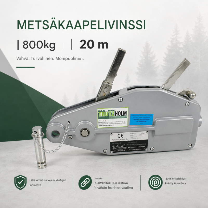 Metsävaijerivinssi 800 kg, 1600 kg tai 3200 kg, 20 m erikoisvaijeri