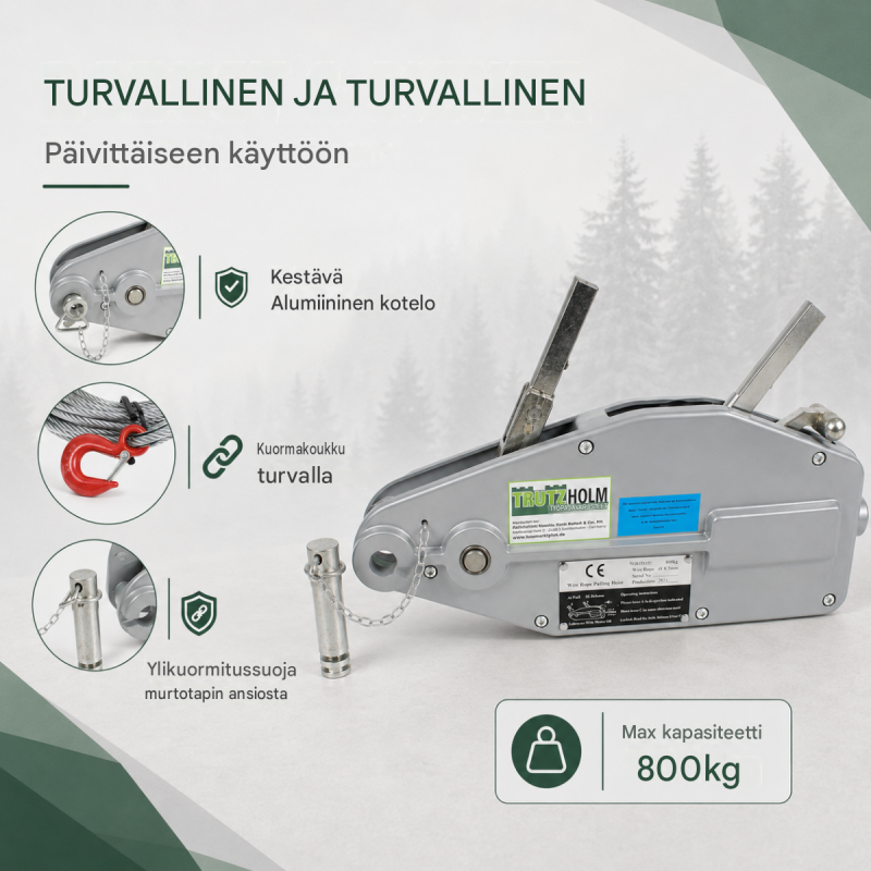 Metsävaijerivinssi 800 kg, 1600 kg tai 3200 kg, 20 m erikoisvaijeri