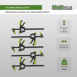 Yhden käden pikakiinnitin 5 kpl, 60 x 150 mm, kiinnitysalue 0–150 mm