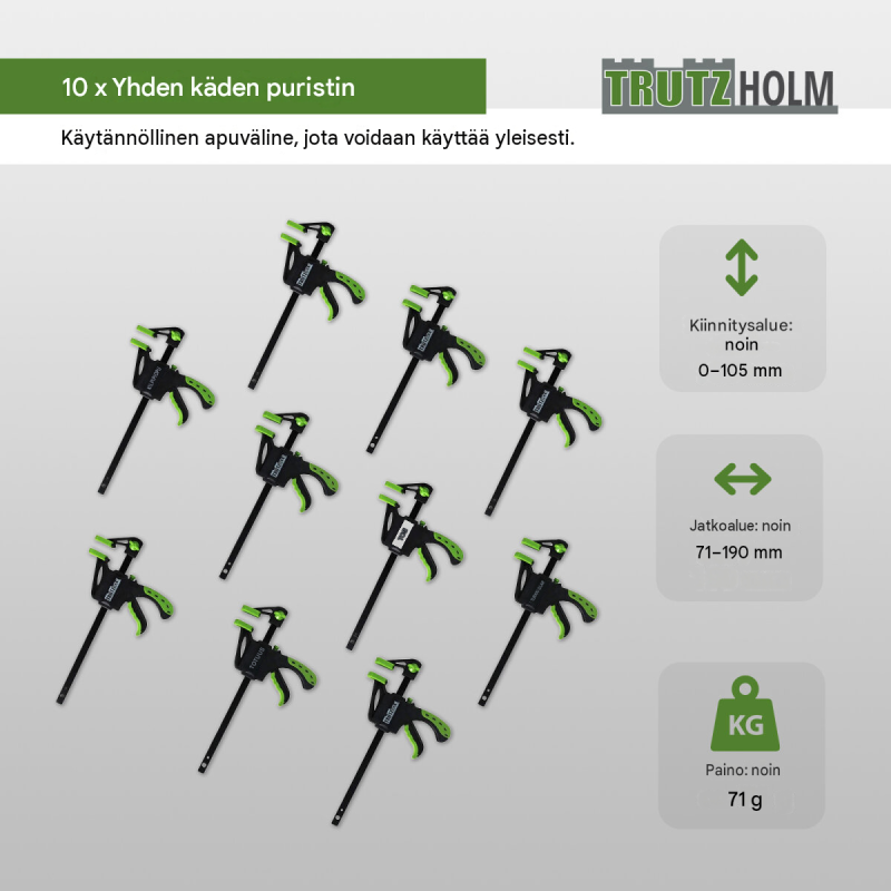 Yksikätiset puristimet 10 kpl, 35 x 105 mm, musta / vihreä, 0–105 mm, 71–190 mm, 7024