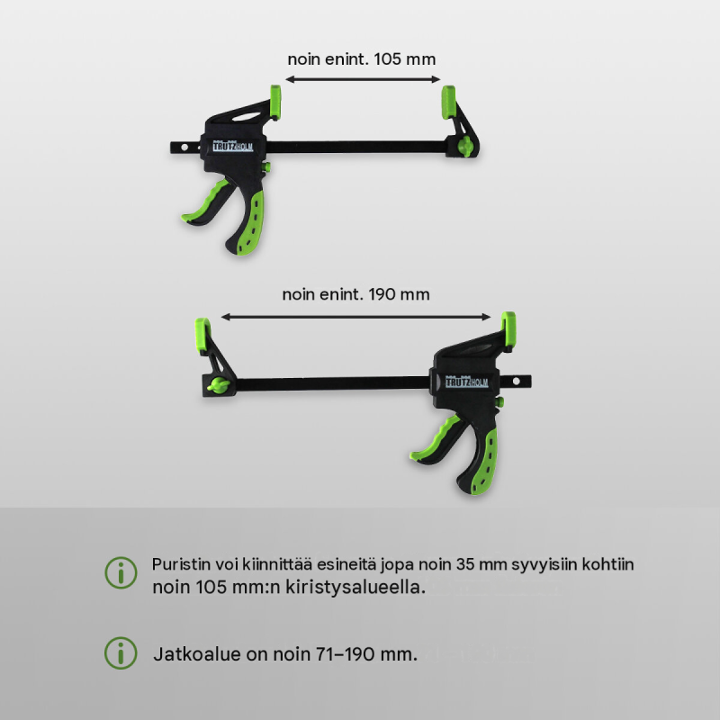 Yksikätiset puristimet 10 kpl, 35 x 105 mm, musta / vihreä, 0–105 mm, 71–190 mm, 7024