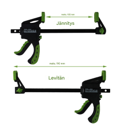Yksikätiset puristimet 10 kpl, 35 x 105 mm, musta / vihreä, 0–105 mm, 71–190 mm, 7024