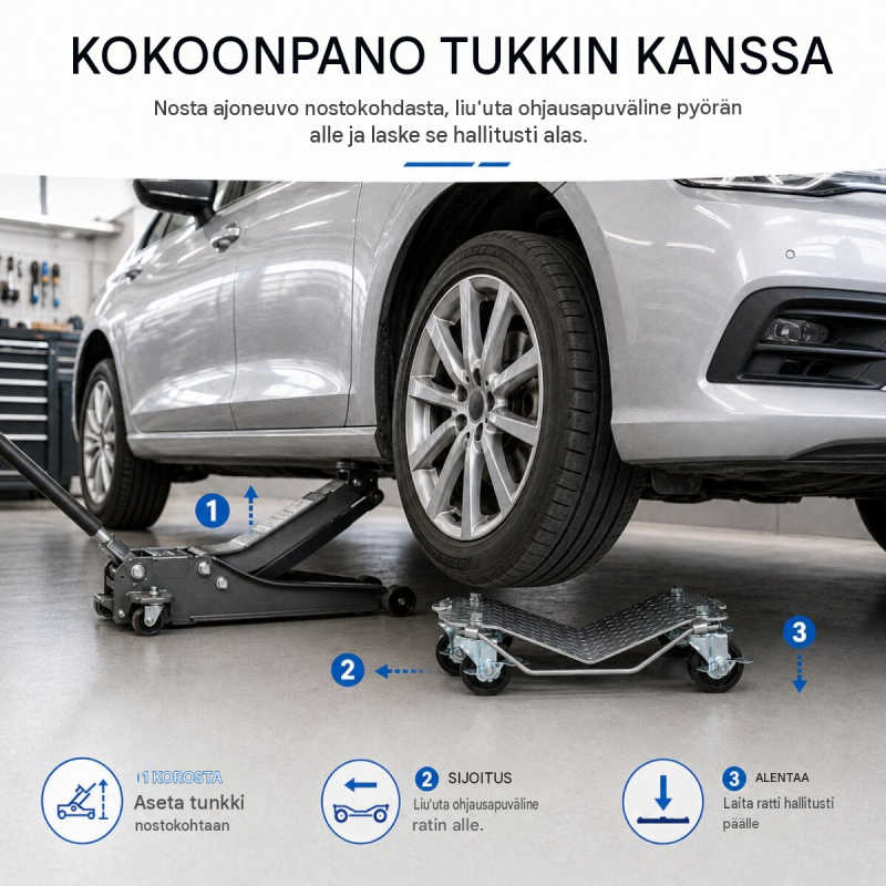 Auton siirtorullat 4 kpl, 680 kg, 360° kääntyvät pyörät, enintään 300 mm renkaat