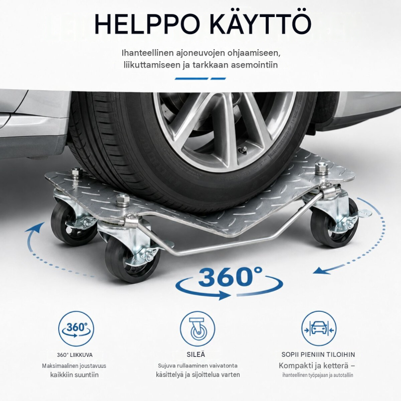 Auton siirtorullat 4 kpl, 680 kg, 360° kääntyvät pyörät, enintään 300 mm renkaat