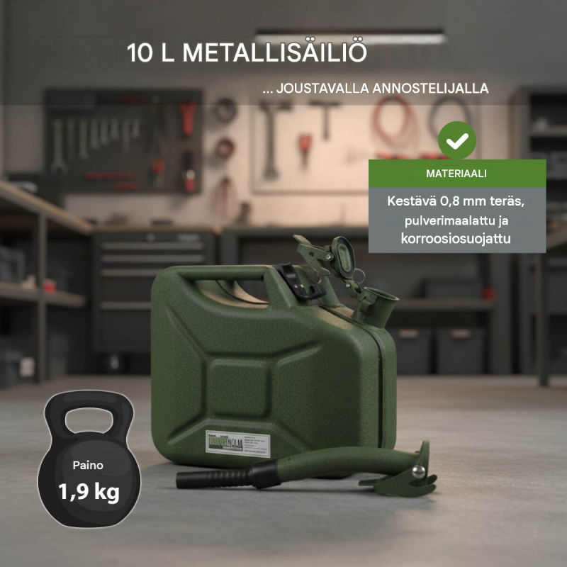 Metallinen polttoainekanisteri 10 l, olivinvihreä, 0,8 mm teräs, UN-hyväksyntä, kaatonokka ja pidike