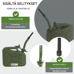 Metallinen polttoainekanisteri 10 l, olivinvihreä, 0,8 mm teräs, UN-hyväksyntä, kaatonokka ja pidike