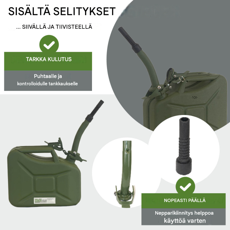 Metallinen polttoainekanisteri 10 l, olivinvihreä, 0,8 mm teräs, UN-hyväksyntä, kaatonokka ja pidike