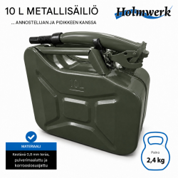Polttoainekanisteri 10 l, oliivinvihreä, metallia, UN-hyväksytty, kaatonokka