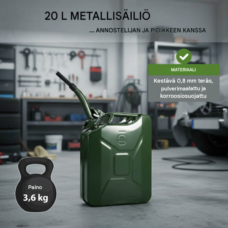 Metallinen polttoainekanisteri 20 l, oliivinvihreä RAL 6003, UN-hyväksyntä, kaatonokka