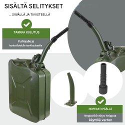 Metallinen polttoainekanisteri 20 l, oliivinvihreä RAL 6003, UN-hyväksyntä, kaatonokka