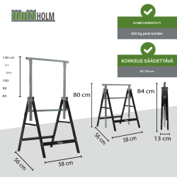 2 kpl TRUTZHOLM-työpukki, korkeussäädettävä 80–130 cm, teräs, musta, 400 kg