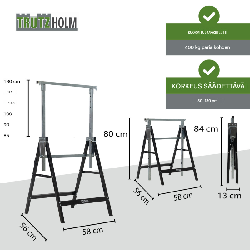 2 kpl TRUTZHOLM-työpukki, korkeussäädettävä 80–130 cm, teräs, musta, 400 kg