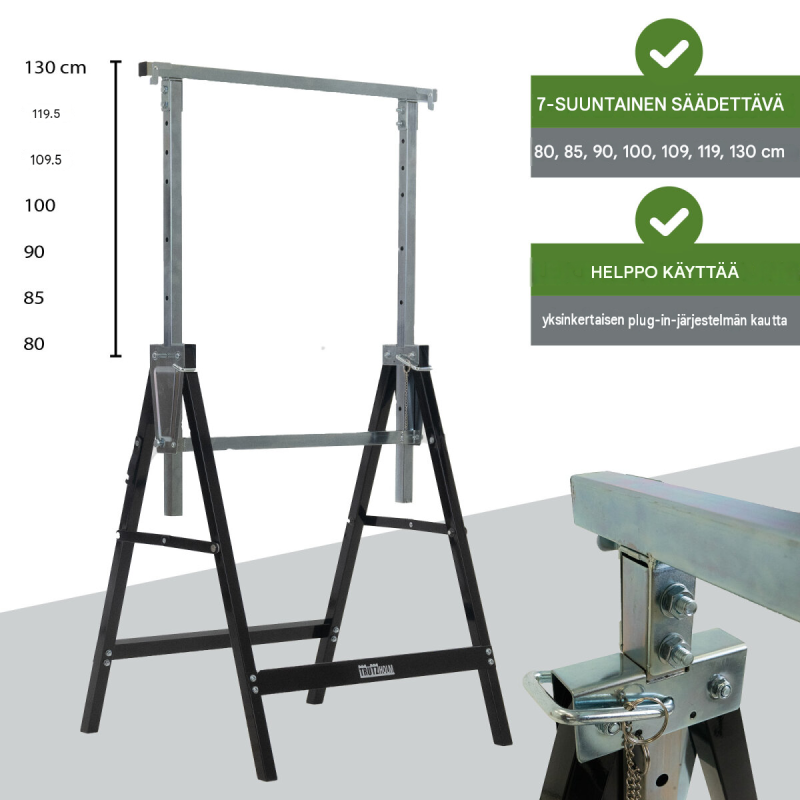 2 kpl TRUTZHOLM-työpukki, korkeussäädettävä 80–130 cm, teräs, musta, 400 kg