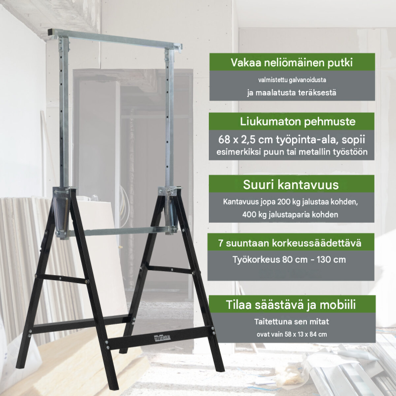 2 kpl TRUTZHOLM-työpukki, korkeussäädettävä 80–130 cm, teräs, musta, 400 kg