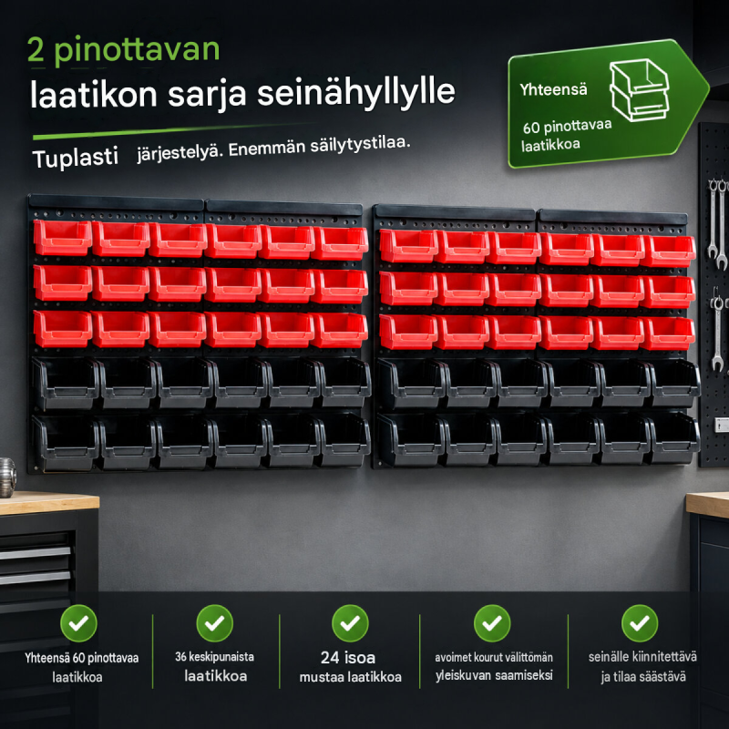 TRUTZHOLM säilytysjärjestelmä 60 laatikkoa, 2 reikälevyä, punainen ja musta, pientarvikkeille