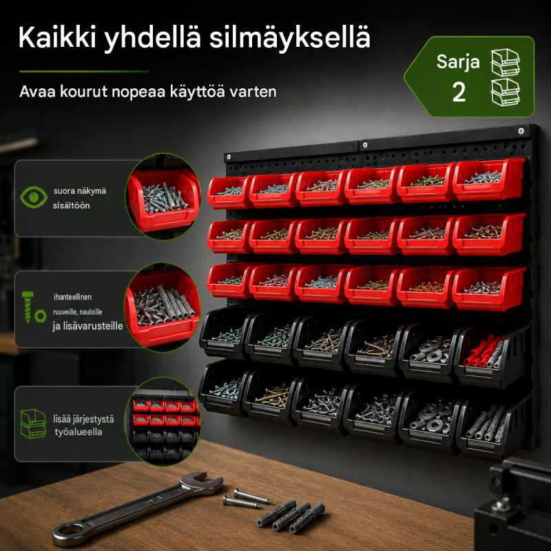 TRUTZHOLM säilytysjärjestelmä 60 laatikkoa, 2 reikälevyä, punainen ja musta, pientarvikkeille