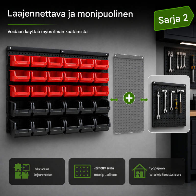 TRUTZHOLM säilytysjärjestelmä 60 laatikkoa, 2 reikälevyä, punainen ja musta, pientarvikkeille