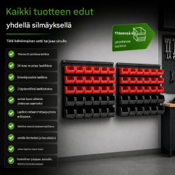 TRUTZHOLM säilytysjärjestelmä 60 laatikkoa, 2 reikälevyä, punainen ja musta, pientarvikkeille