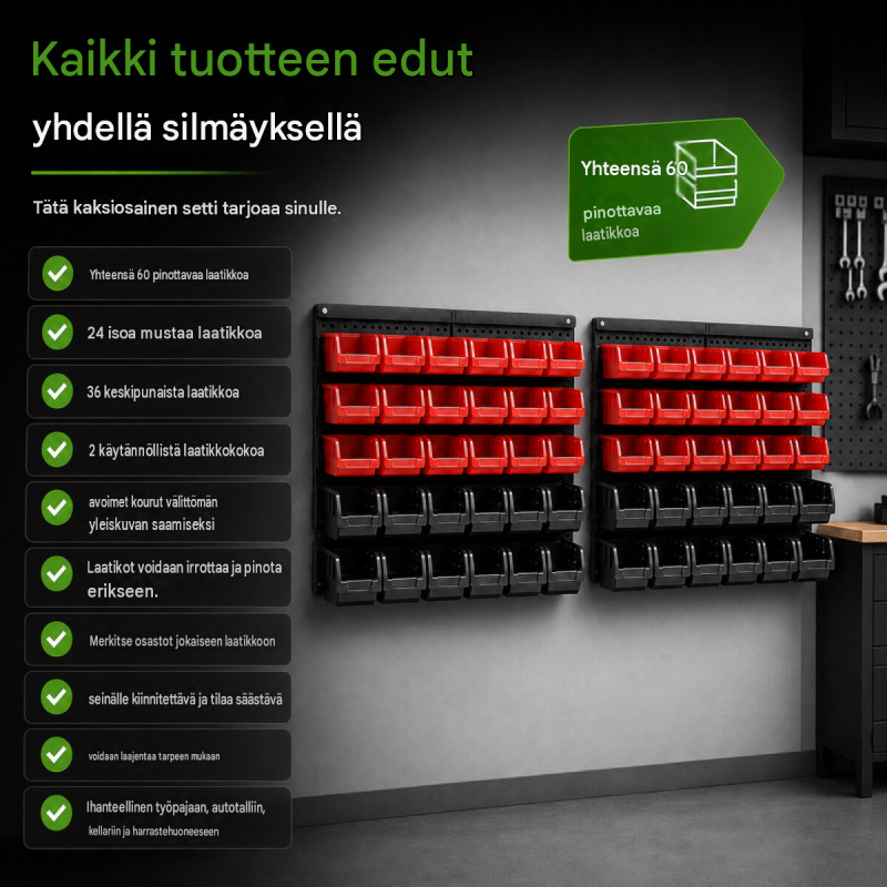 TRUTZHOLM säilytysjärjestelmä 60 laatikkoa, 2 reikälevyä, punainen ja musta, pientarvikkeille