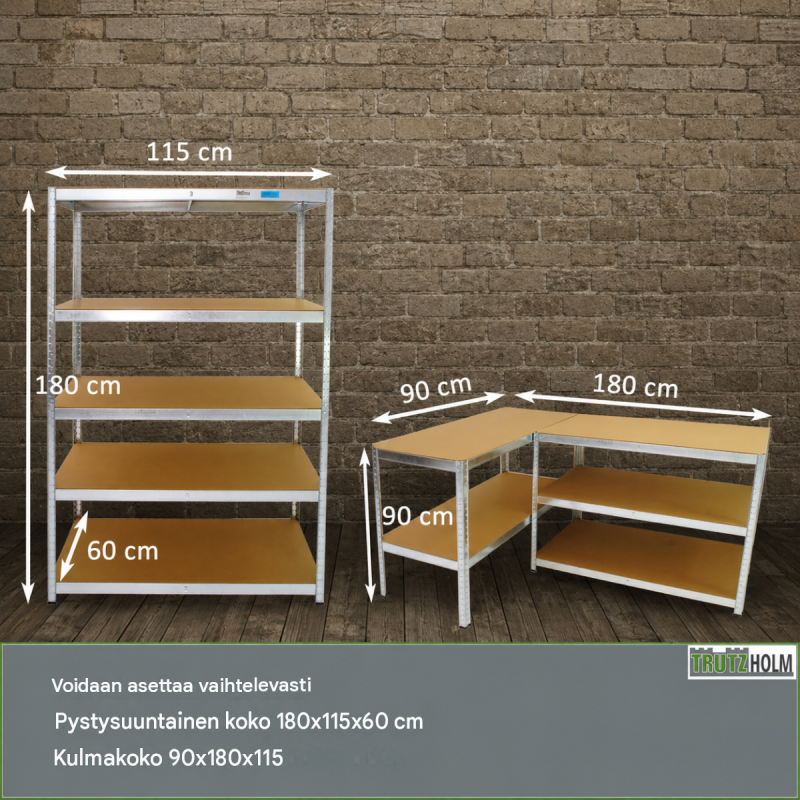 Raskaan kuorman hylly 2 kpl, 180 x 115 x 60 cm, 875 kg per hylly, sinkitty metalli