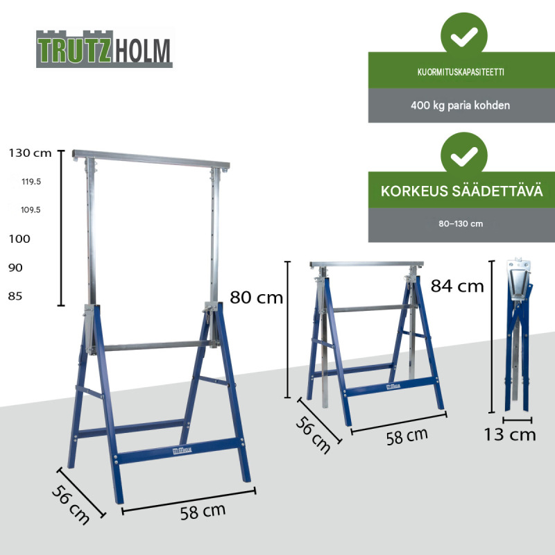 TRUTZHOLM työpukit 2 kpl, teräs, sininen, 7-portainen säätö 80–130 cm, 400 kg