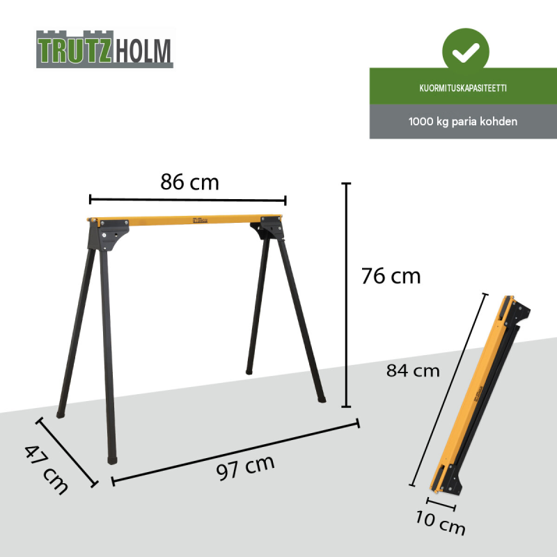 TRUTZHOLM kokoontaittuvat työpukit 2 kpl, teräs, 500 kg per pukki, 1000 kg yhteensä
