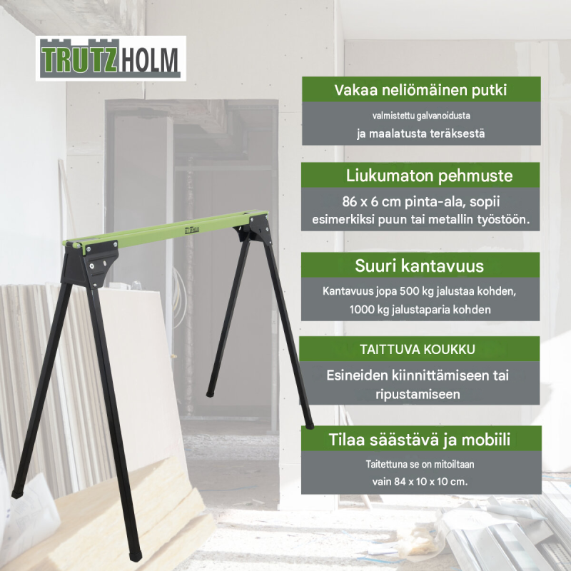 TRUTZHOLM kokoontaitettavat työpukit 2 kpl, teräs, vihreä-musta, 500 kg/kpl
