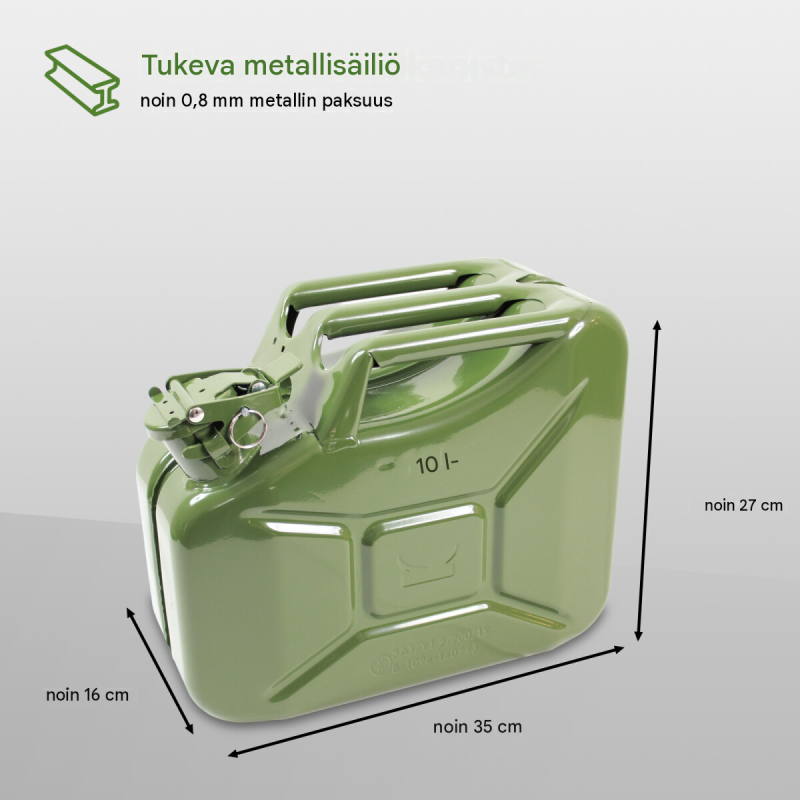 Metallinen polttoainekanisteri 2 kpl, 10 l, oliivinvihreä, joustavat kaatonokat ja pidikkeet