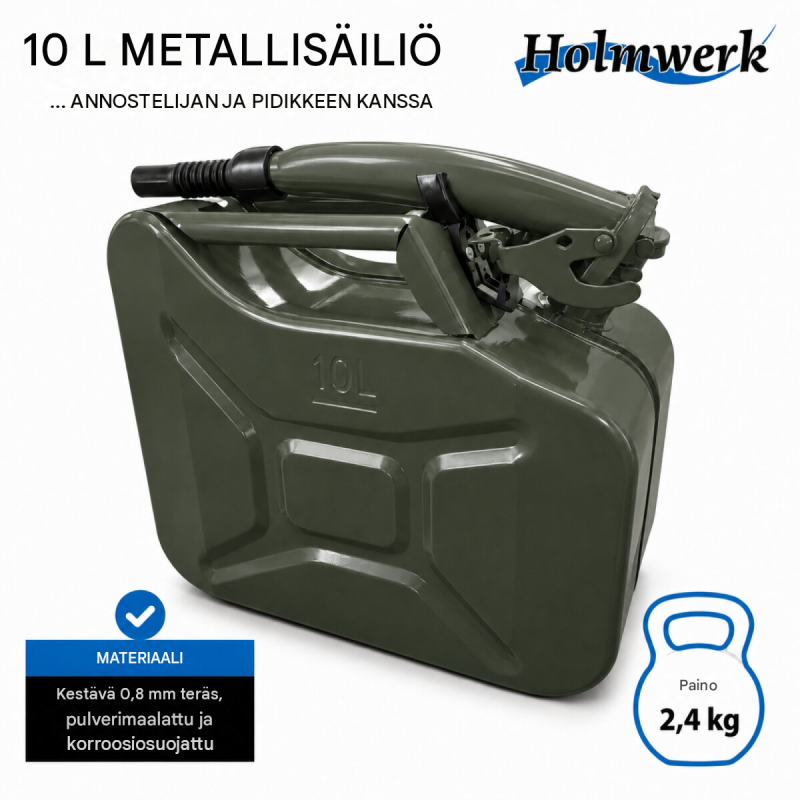 Metallinen polttoainekanisteri 2 kpl, 10 l, oliivinvihreä, UN-hyväksytty, kaatonokat
