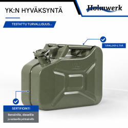 Metallinen polttoainekanisteri 2 kpl, 10 l, oliivinvihreä, UN-hyväksytty, kaatonokat